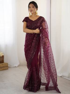 Glamourous wine sequins net festival wear saree with blouse 1