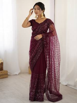 Glamourous wine sequins net festival wear saree with blouse 2
