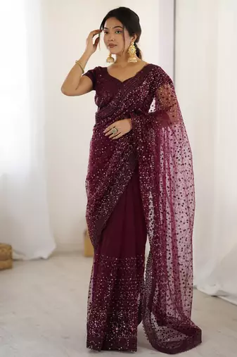 Glamourous wine sequins net festival wear saree with blouse