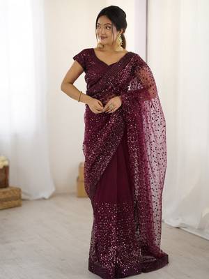 Glamourous wine sequins net festival wear saree with blouse 3