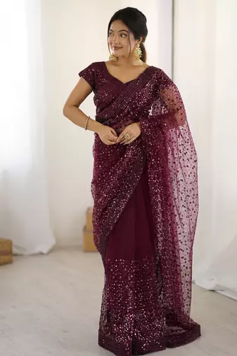 Glamourous wine sequins net festival wear saree with blouse