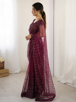 Glamourous wine sequins net festival wear saree with blouse 4