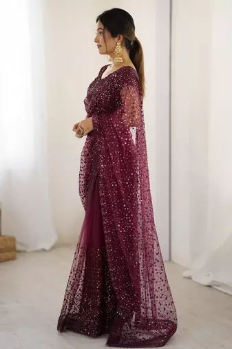 Glamourous wine sequins net festival wear saree with blouse