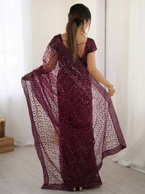 Glamourous wine sequins net festival wear saree with blouse 5