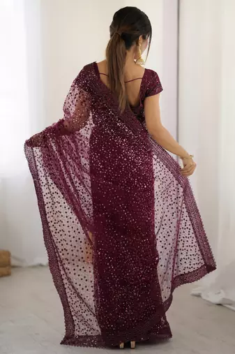 Glamourous wine sequins net festival wear saree with blouse