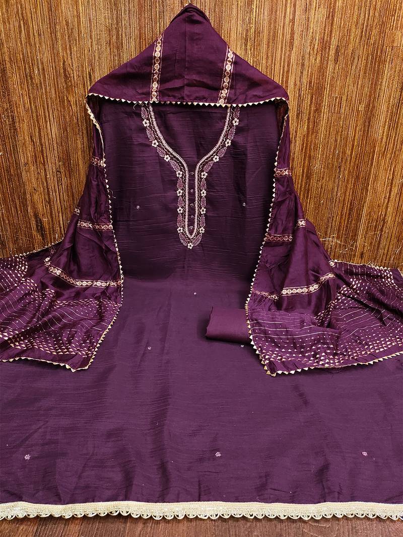 Purple unstitched handwork and fancy border parampara cotton dress material