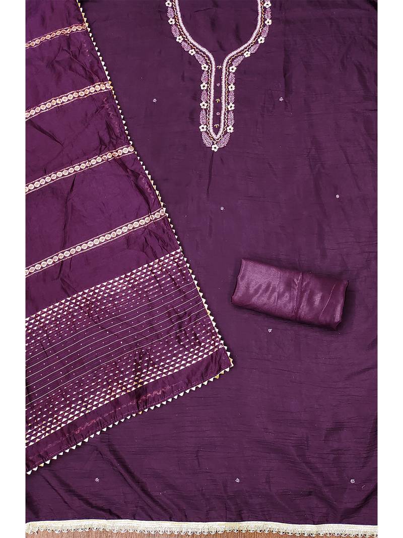 Purple unstitched handwork and fancy border parampara cotton dress material