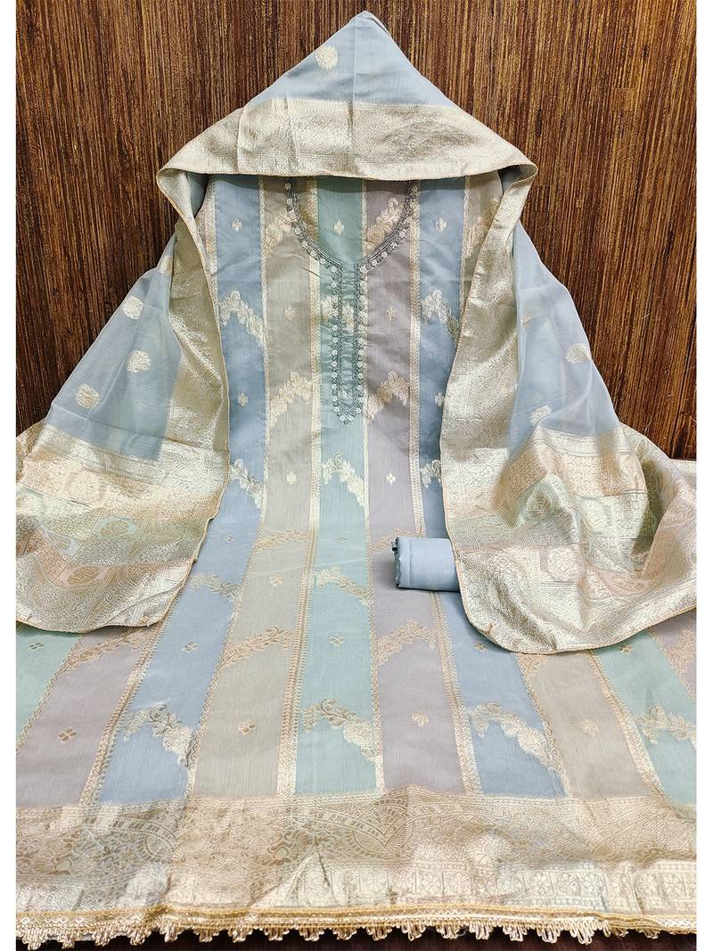 Aqua blue unstitched jari weaving work hand work banarasi jacquard dress material