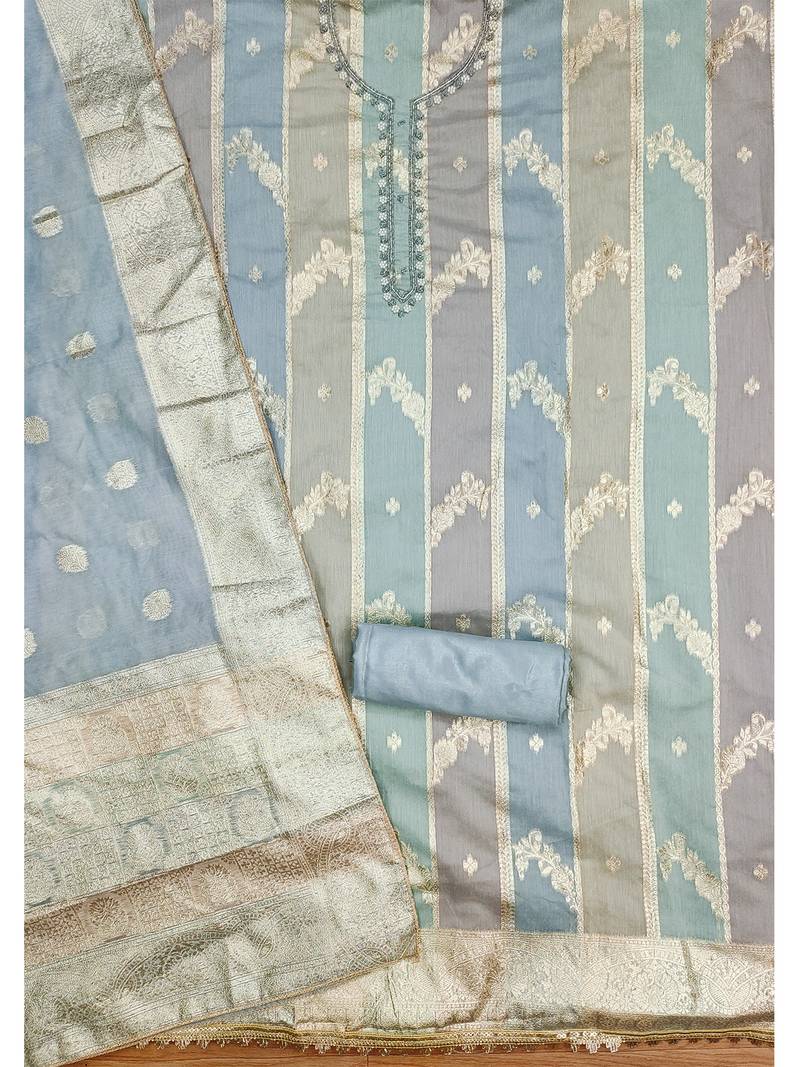 Aqua blue unstitched jari weaving work hand work banarasi jacquard dress material