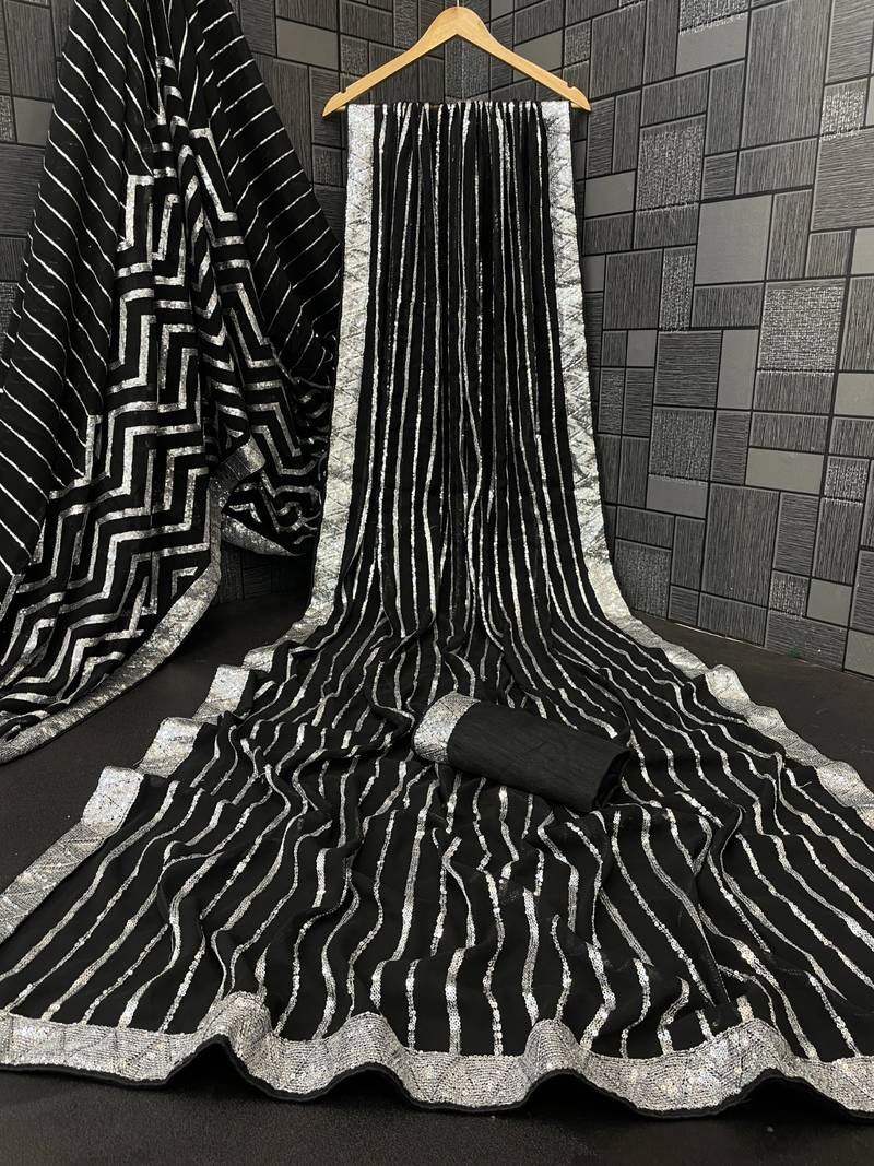 black Georgette sequin saree With Blouse Set