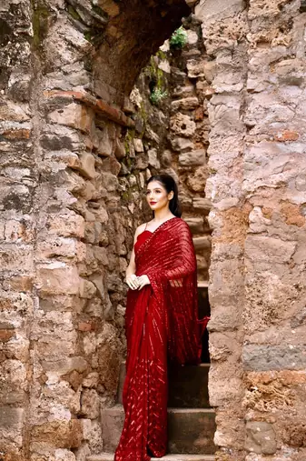 red Georgette sequin saree With Blouse Set