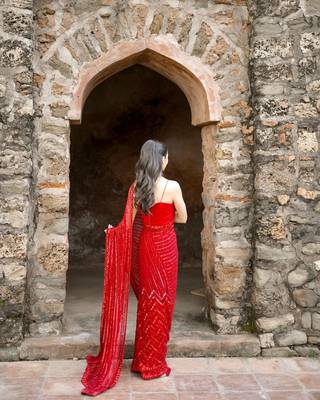 red Georgette sequin saree With Blouse Set 3