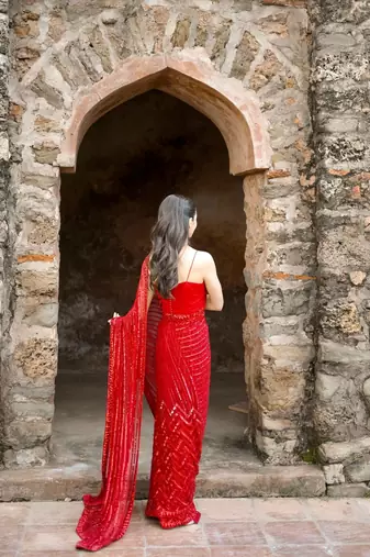 red Georgette sequin saree With Blouse Set