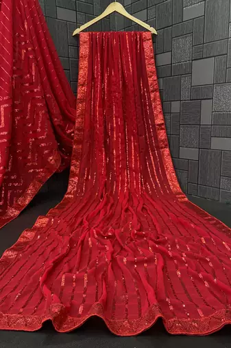 red Georgette sequin saree With Blouse Set