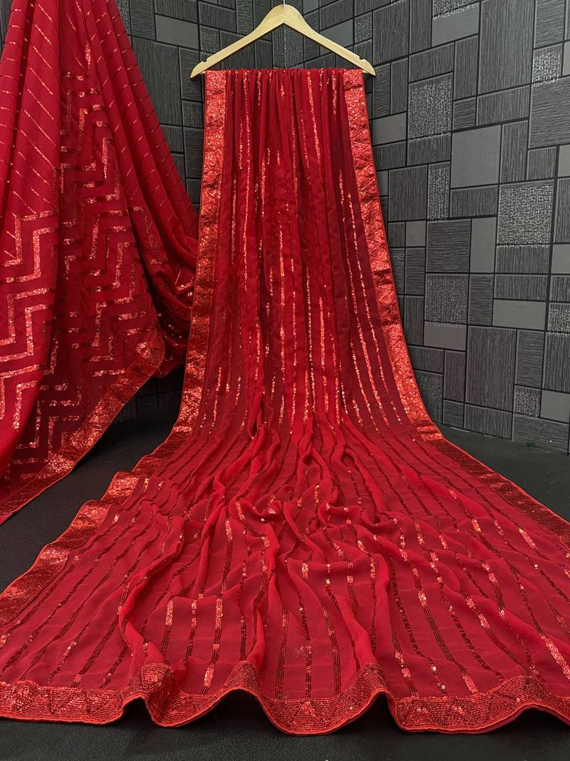 red Georgette sequin saree With Blouse Set