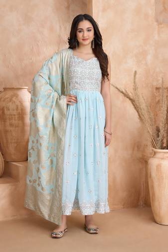 Sky blue embroderied georgette stitched anarkali suit