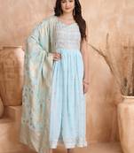 Sky blue embroderied georgette stitched anarkali suit