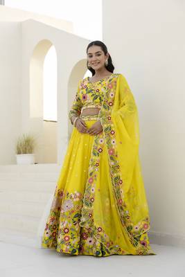 Yellow Organza Heavy Floral Thread Sequins Work Lehenga Choli  1