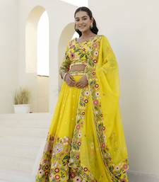 Yellow Organza Heavy Floral Thread Sequins Work Lehenga Choli 