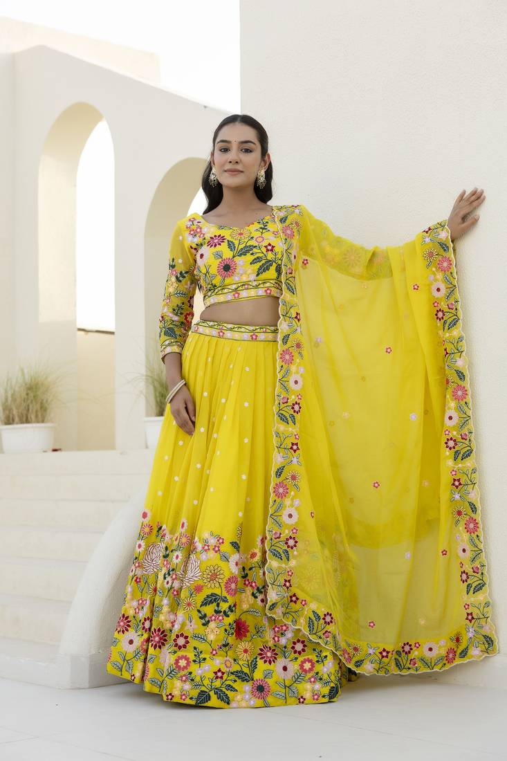 Yellow Organza Heavy Floral Thread Sequins Work Lehenga Choli 