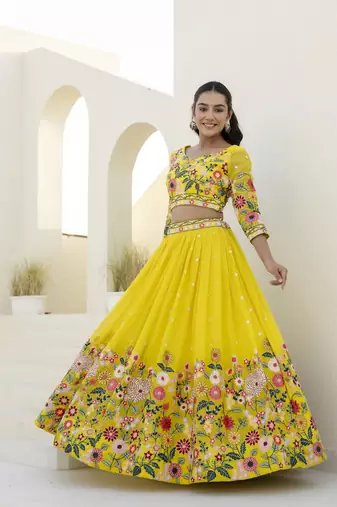 Yellow Organza Heavy Floral Thread Sequins Work Lehenga Choli 