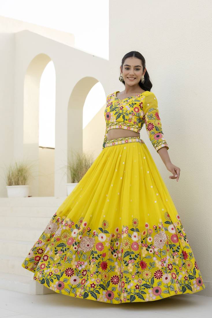 Yellow Organza Heavy Floral Thread Sequins Work Lehenga Choli 