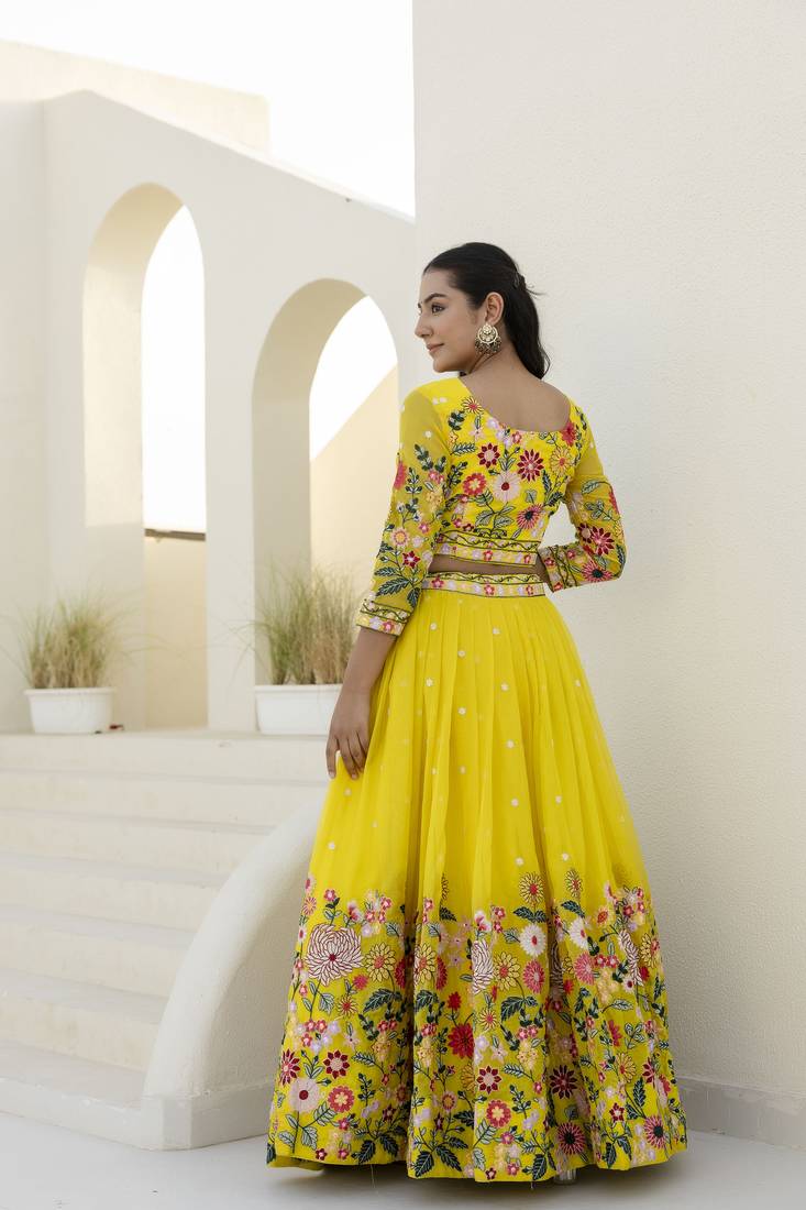 Yellow Organza Heavy Floral Thread Sequins Work Lehenga Choli 