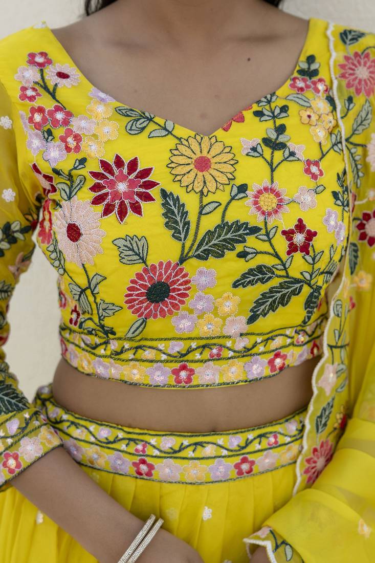 Yellow Organza Heavy Floral Thread Sequins Work Lehenga Choli 