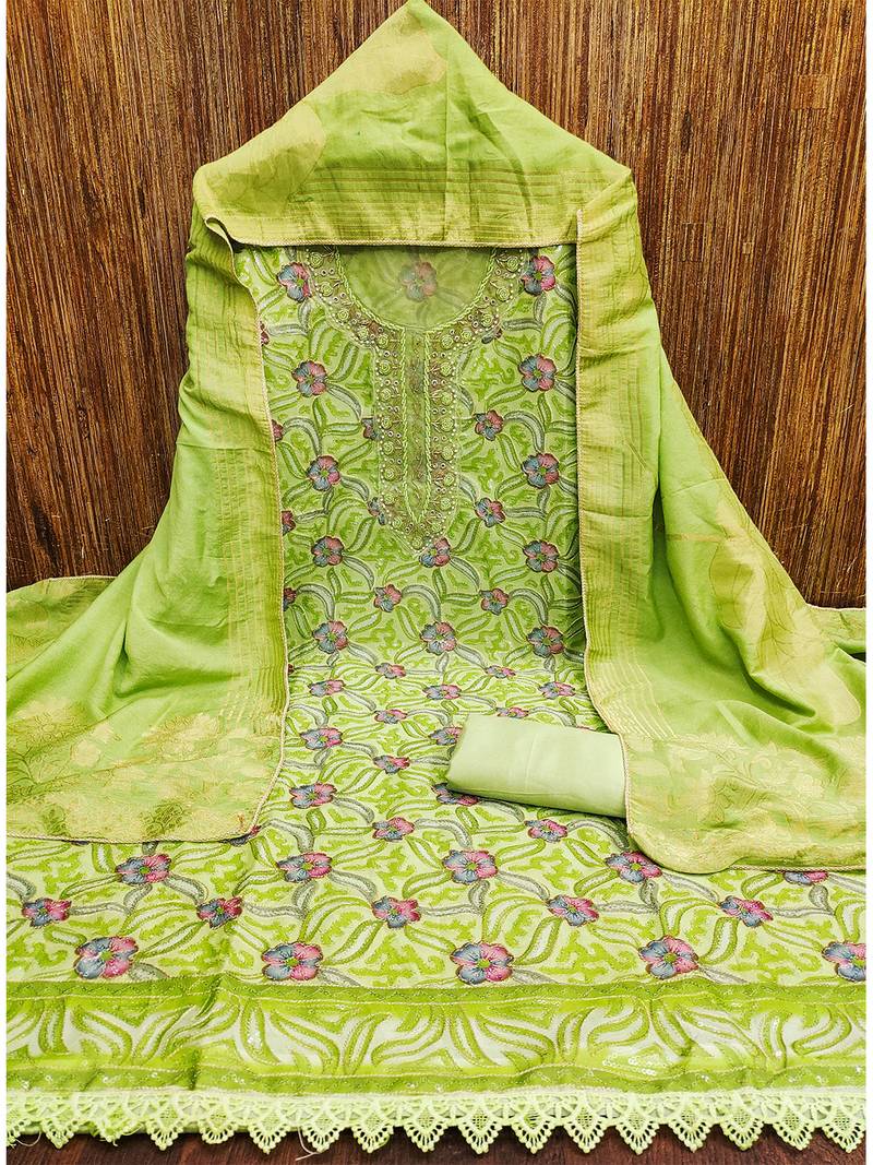 Lime green unstitched stylish sequence work organza dress material