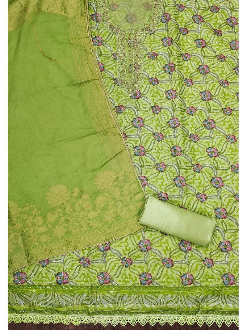 Lime green unstitched stylish sequence work organza dress material