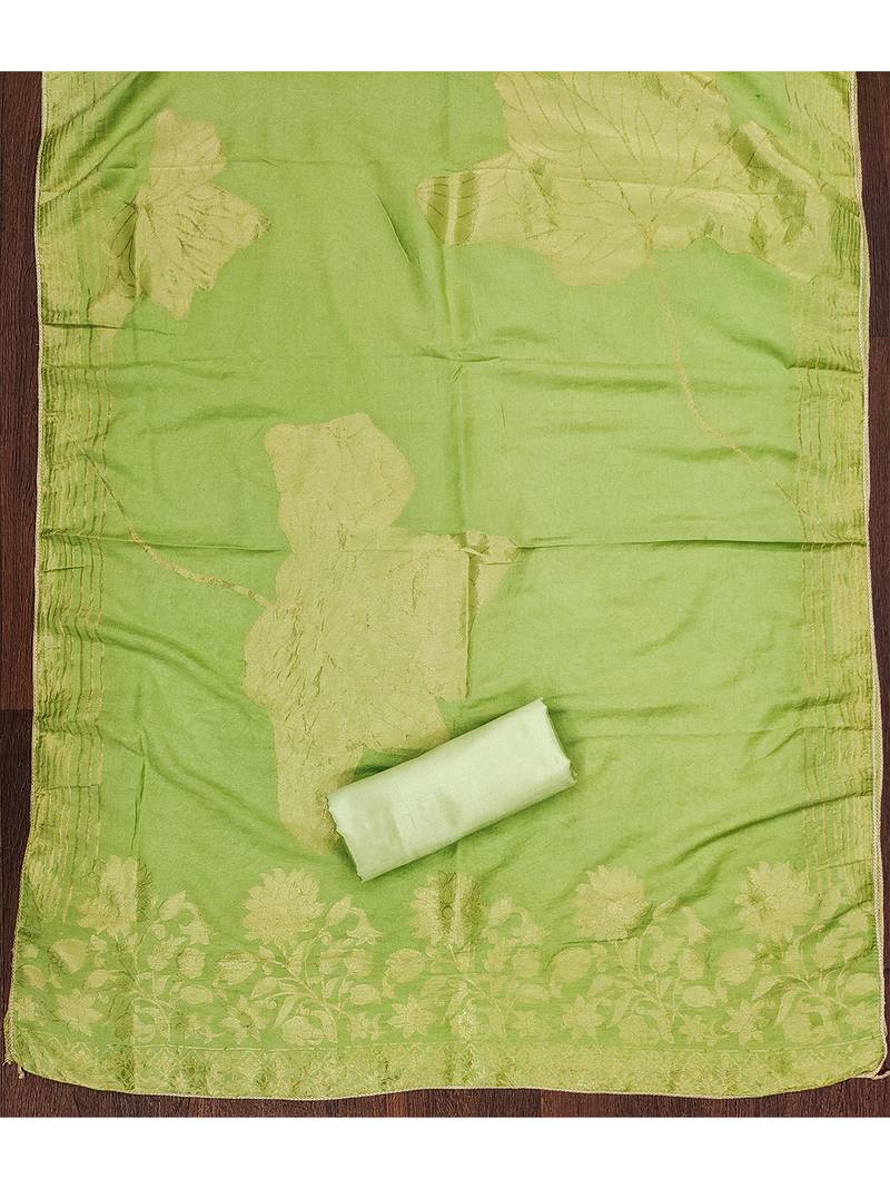 Lime green unstitched stylish sequence work organza dress material