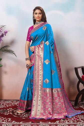  biue floral jaquard woven saree comes with matching blouse