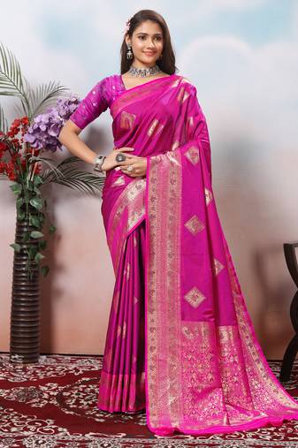  magenta floral jaquard woven saree comes with matching blouse