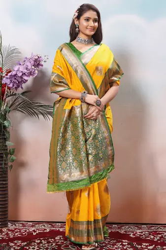  mustard floral jaquard woven saree comes with matching blouse