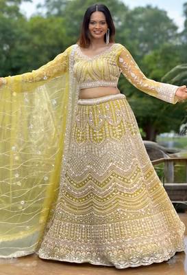 Beads Cutdana Lemon Yellow Handwork Couture Lehenga 1