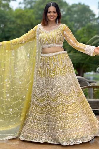 Beads Cutdana Lemon Yellow Handwork Couture Lehenga