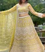 Beads Cutdana Lemon Yellow Handwork Couture Lehenga