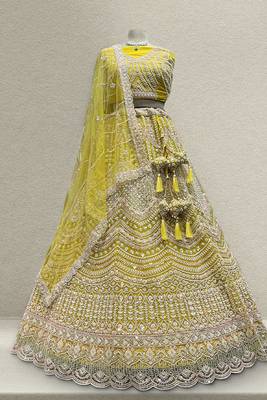 Beads Cutdana Lemon Yellow Handwork Couture Lehenga 3