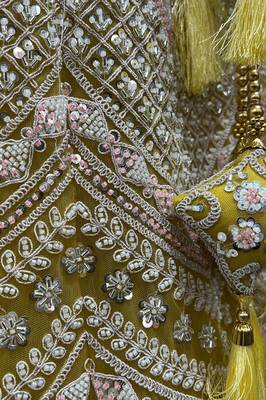 Beads Cutdana Lemon Yellow Handwork Couture Lehenga 4