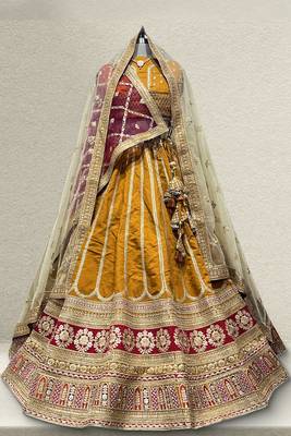 Double Dupatta Raw Silk Gold Designer Lehenga with Unstitched Blouse 1