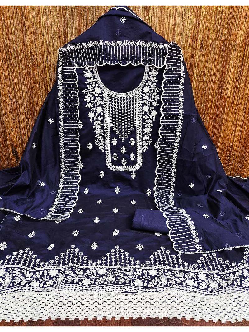 Timeless Navy chanderi cotton suit set with white thread embroidery