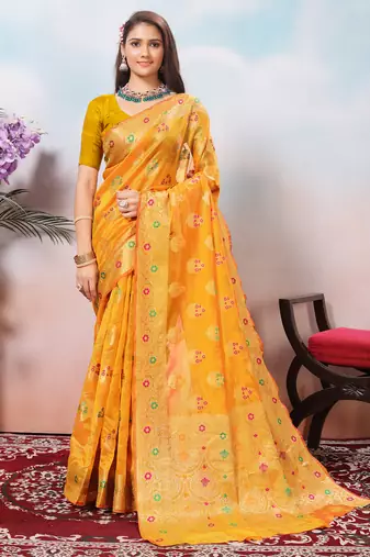 mustard traditional woven saree comes with matching blouse
