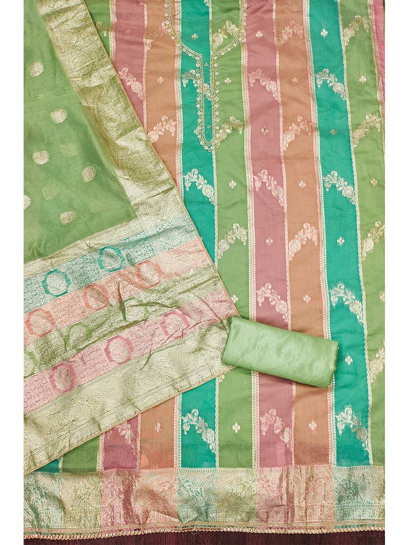   multi-toned jacquard suit set with Green banarasi dupatta