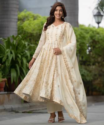 CREAM CHINON SILK EMBROIDERY PARTY WEAR SUIT SET  1
