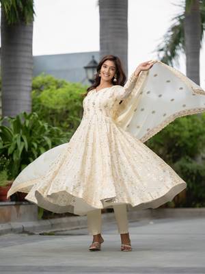 CREAM CHINON SILK EMBROIDERY PARTY WEAR SUIT SET  3