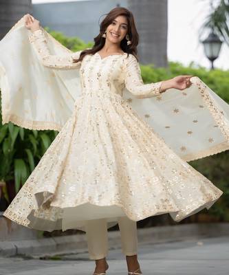 CREAM CHINON SILK EMBROIDERY PARTY WEAR SUIT SET  4