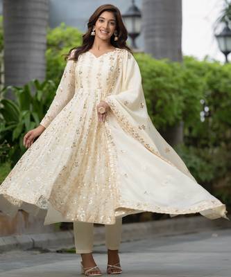 CREAM CHINON SILK EMBROIDERY PARTY WEAR SUIT SET  5