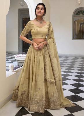 Beige Silk Thread sequin Embroidery Work Lehenga Choli    1