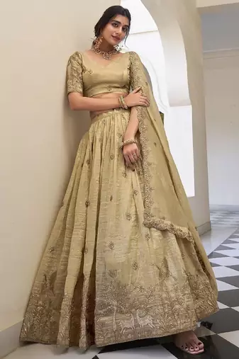 Beige Silk Thread sequin Embroidery Work Lehenga Choli   