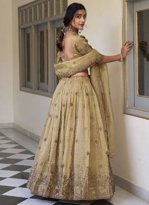Beige Silk Thread sequin Embroidery Work Lehenga Choli    4